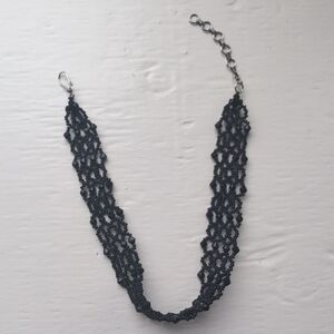 Black glass beaded lace choker necklace with silver toned adjustable clasp